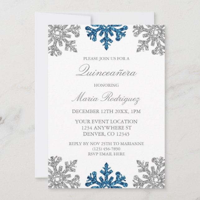 Invitación Quinceanera de invierno con copos de nieve azul de (Anverso)