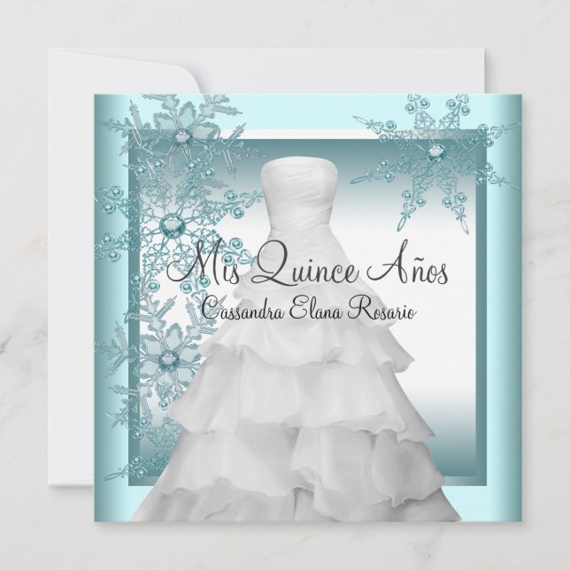 Invitación Quinceañera de invierno de copo de nieve azul verd (Anverso)
