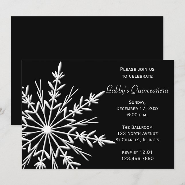 Invitación Quinceañera de invierno de copos de nieve negros y (Anverso / Reverso)