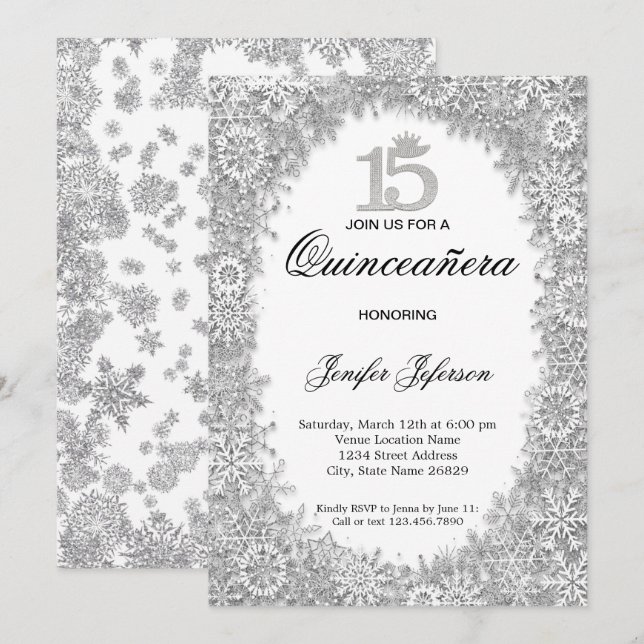 Invitación Quinceanera de invierno de plata purpur (Anverso / Reverso)