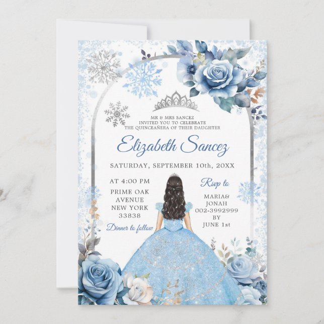 Invitación Quinceañera de invierno mágico azul plateado (Anverso)