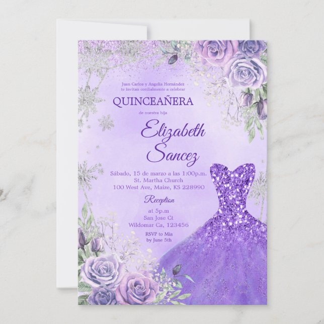 Invitación Quinceanera de Invierno Morado y Plata (Anverso)