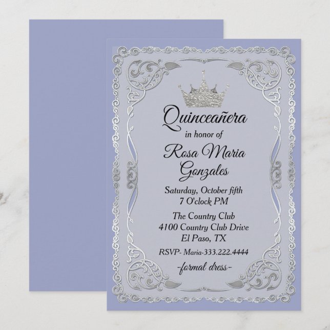 Invitación Quinceañera de la corona azul de plata orgánica y  (Anverso / Reverso)