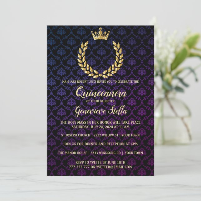 Invitación Quinceanera de la Corona de Oro brillan (Anverso de pie)