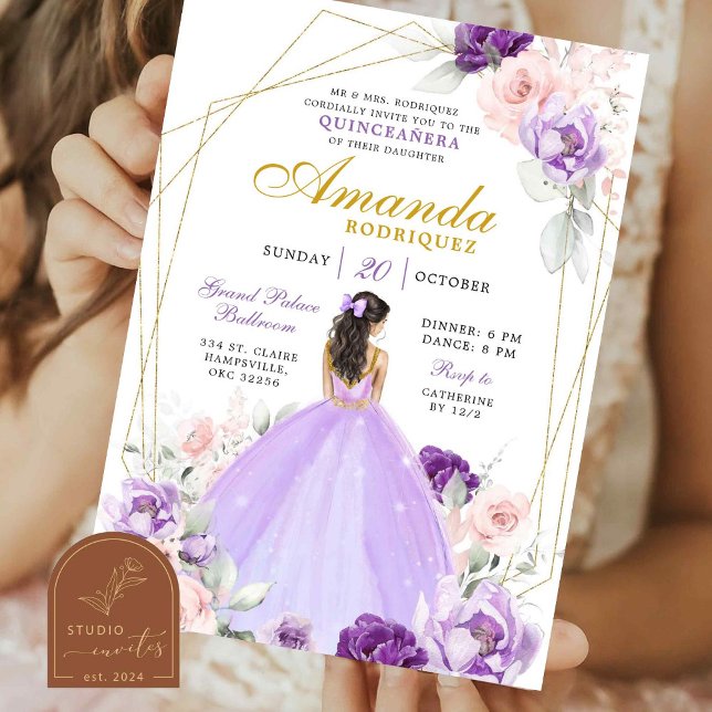 Invitación Quinceanera de la Corona Real Geométrica Púrpura y (Subido por el creador)