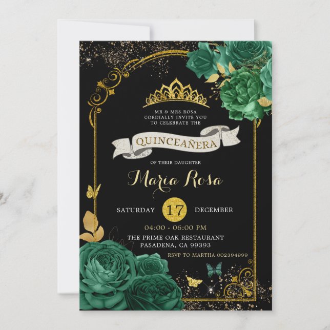 Invitación Quinceañera de la Corona Real Verde de Esmeralda N (Anverso)