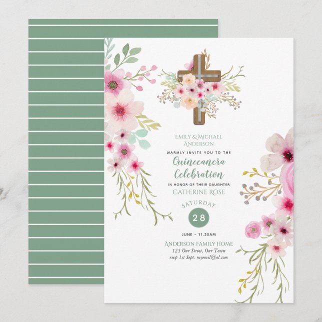 Invitación Quinceanera de la Cruz Floral Católica invita a la (Anverso / Reverso)
