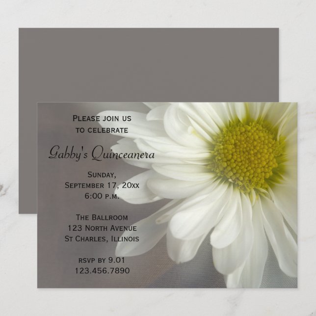 Invitación Quinceanera de la margarita blanca suav (Anverso / Reverso)