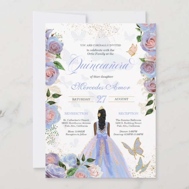 Invitación Quinceanera de la mariposa azul y rosa de Rubor (Anverso)