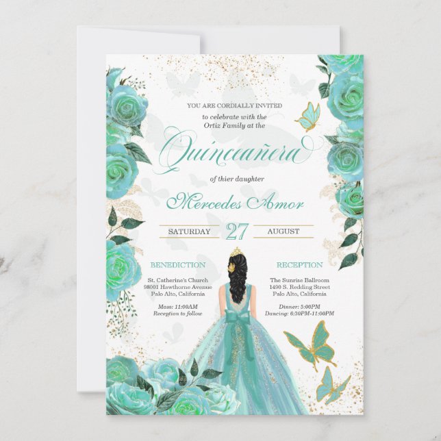 Invitación Quinceanera De La Mariposa De Los Rosas Azules Tur (Anverso)