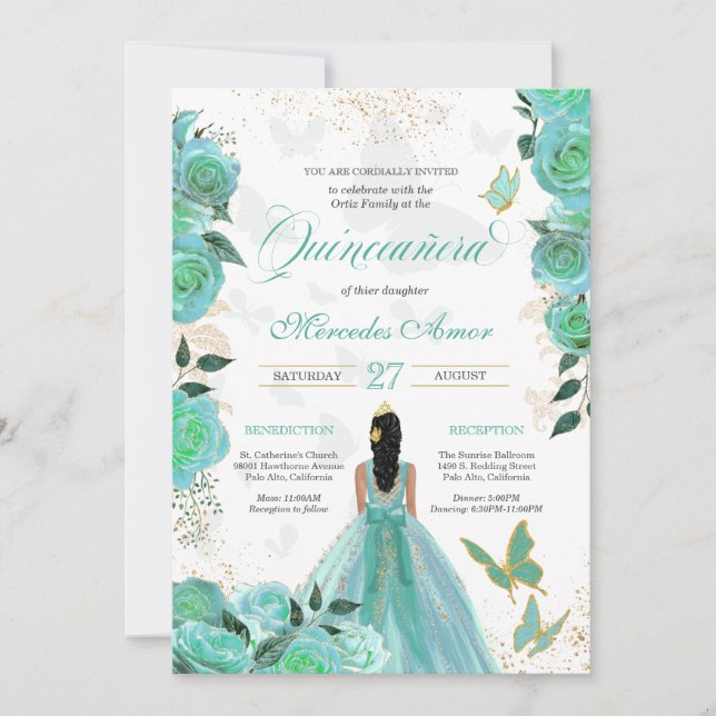 Invitación Quinceanera De La Mariposa De Los Rosas Azules Tur (Anverso)