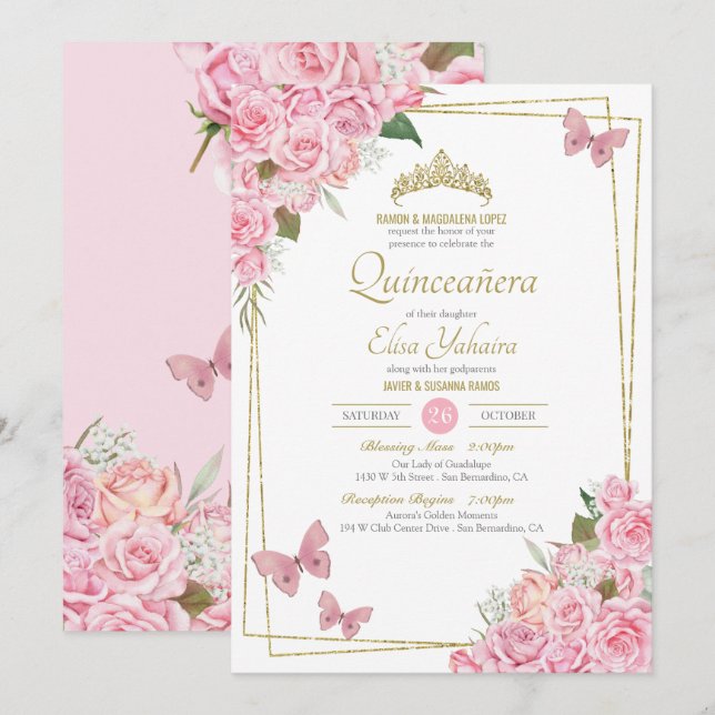Invitación Quinceanera de la mariposa floral Tiara de oro ros (Anverso / Reverso)