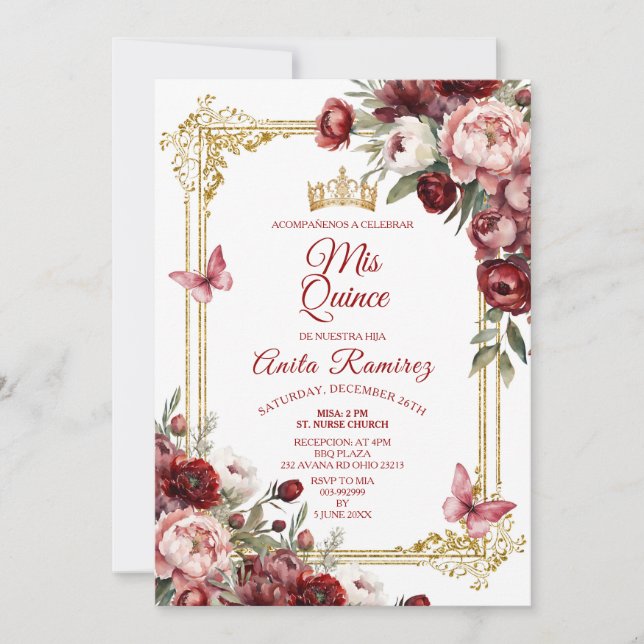 Invitación Quinceañera de la Mariposa Mexicana Elegante Roses (Anverso)