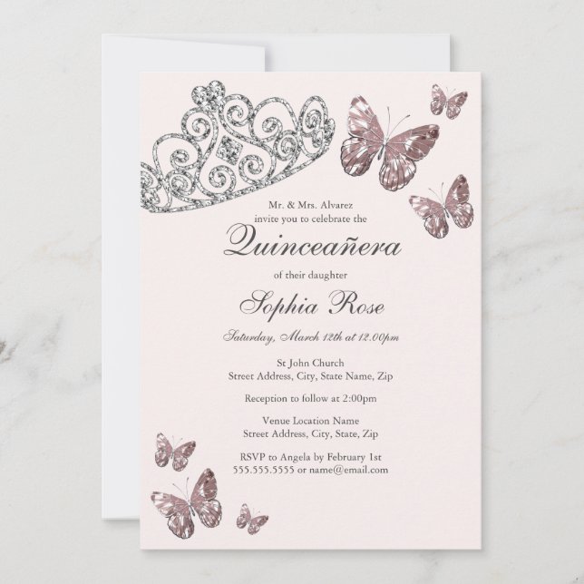 Invitación Quinceanera de la mariposa tiara (Anverso)
