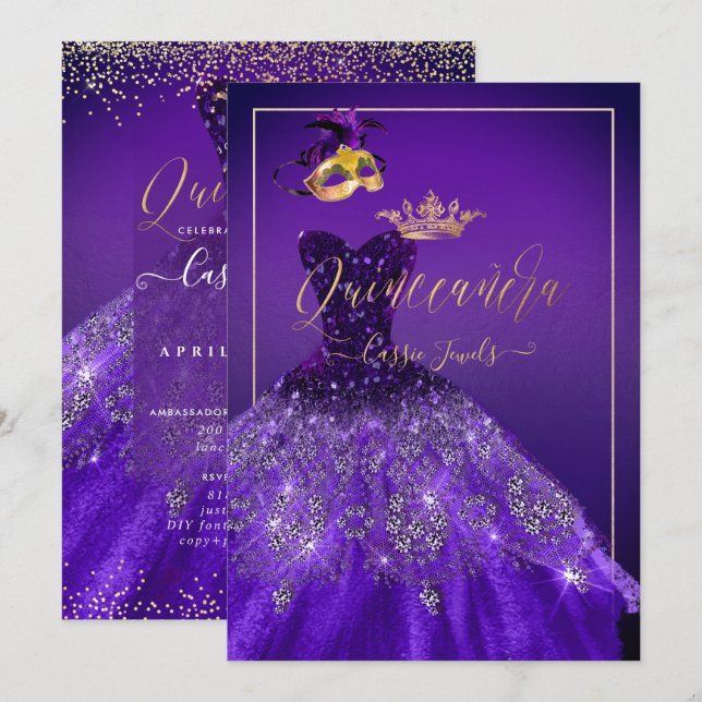 Invitación Quinceanera de la mascarada de PixDezines, morado  (Anverso / Reverso)