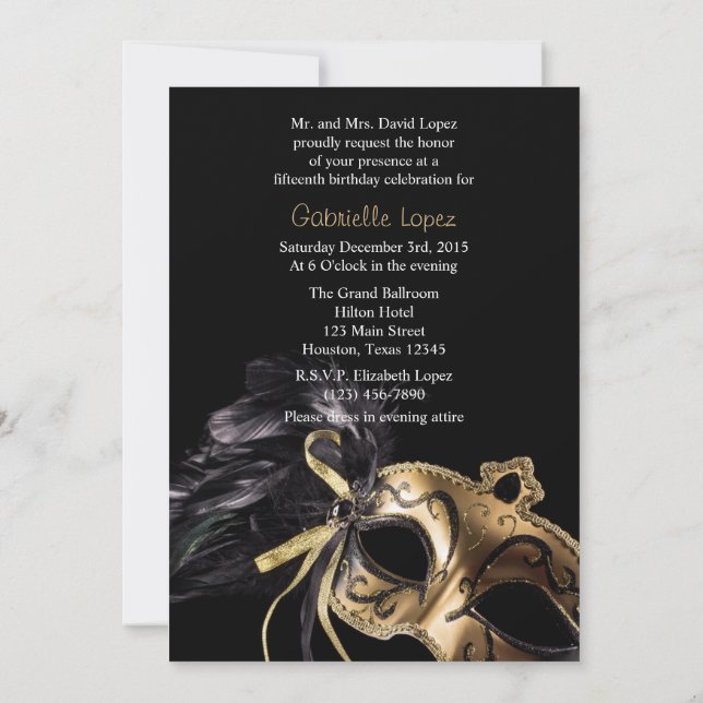 Invitación Quinceanera de la pelota de la mascarad (Reverso)