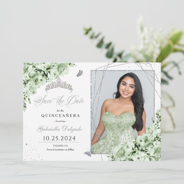 Invitación Quinceañera De La Plata Verde Sabio Salve La Foto  (Anverso de pie)