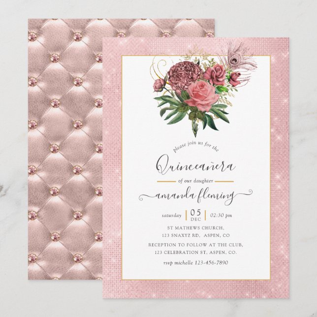 Invitación Quinceañera de la vendimia Rubor rosa y dorada (Anverso / Reverso)