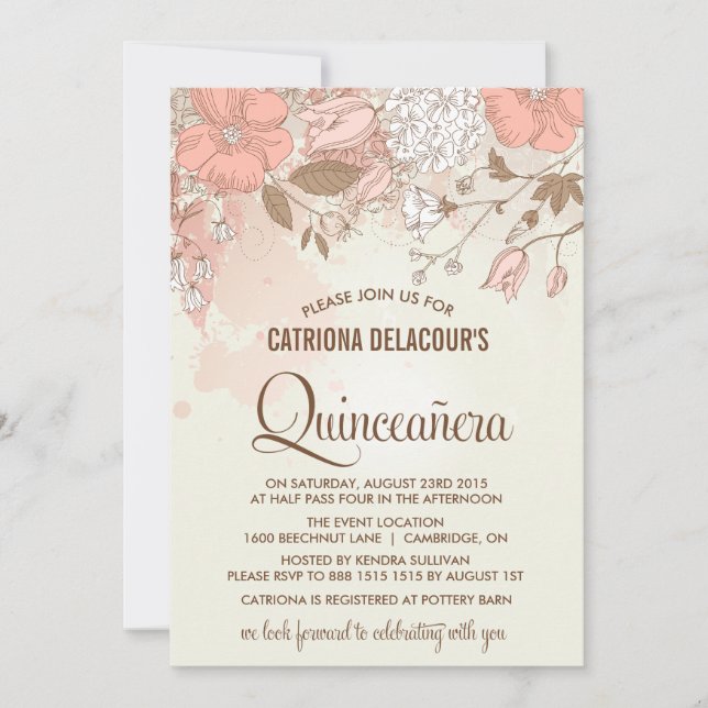 Invitación Quinceañera de las flores de primavera  (Anverso)