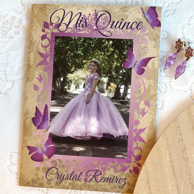 Invitación Quinceanera de lavanda morada (ornate, fancy lavender, purple butterfly quinceanera photo invitation)