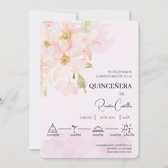 Invitación Quinceañera de lirio rosa (Anverso)