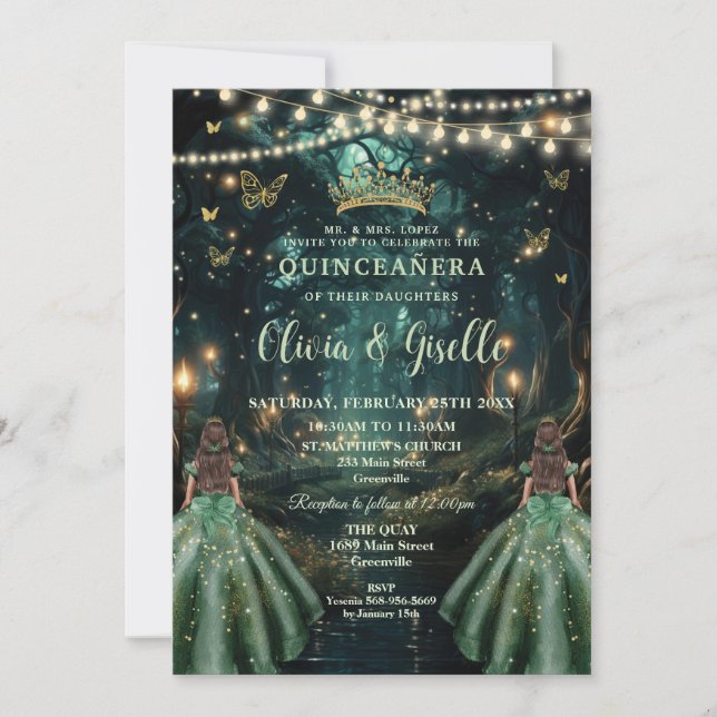 Invitación Quinceañera de los encantados gemelos verdes de es (Anverso)