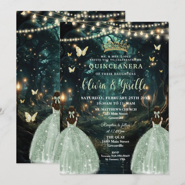 Invitación Quinceañera de los gemelos verdes encantados (Anverso / Reverso)