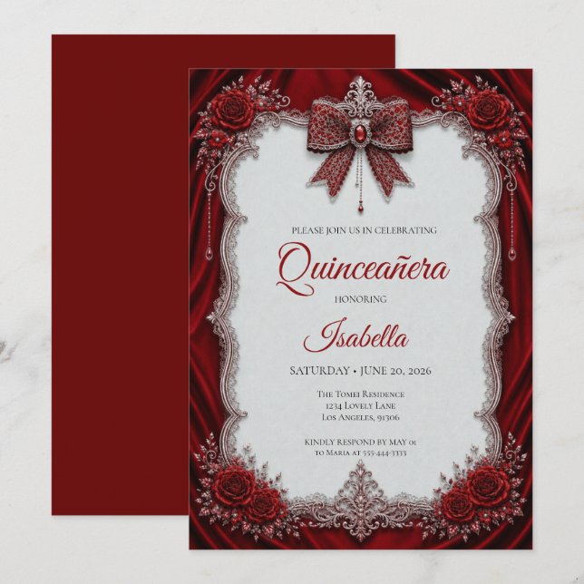 Invitación Quinceañera de Lujo Rojo Arco de Plata (Anverso / Reverso)