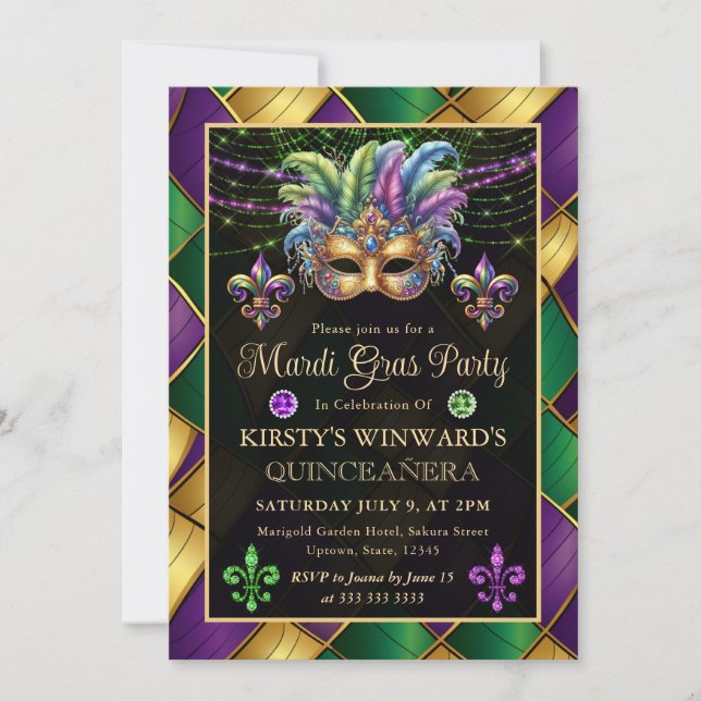 Invitación Quinceañera de Mardi Gras con Máscara (Anverso)