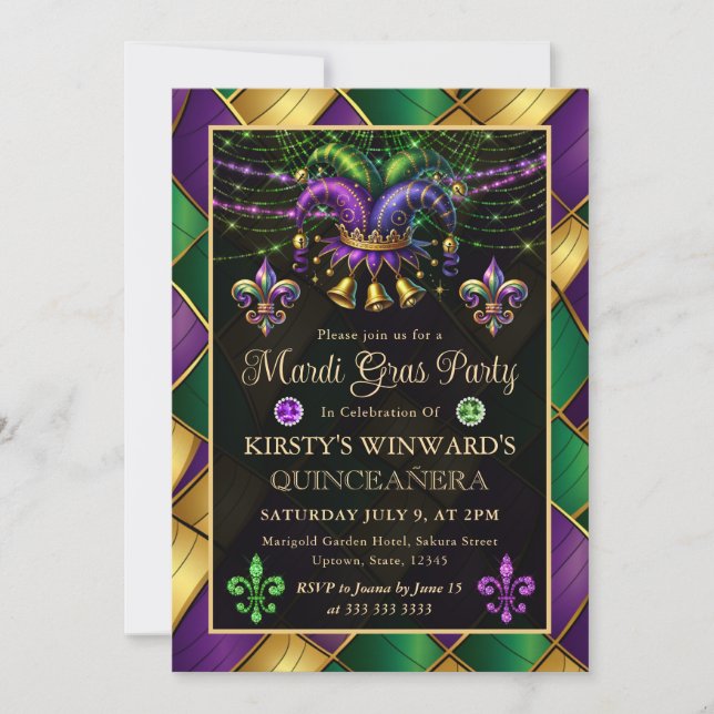 Invitación Quinceañera de Mardi Gras con Máscara (Anverso)