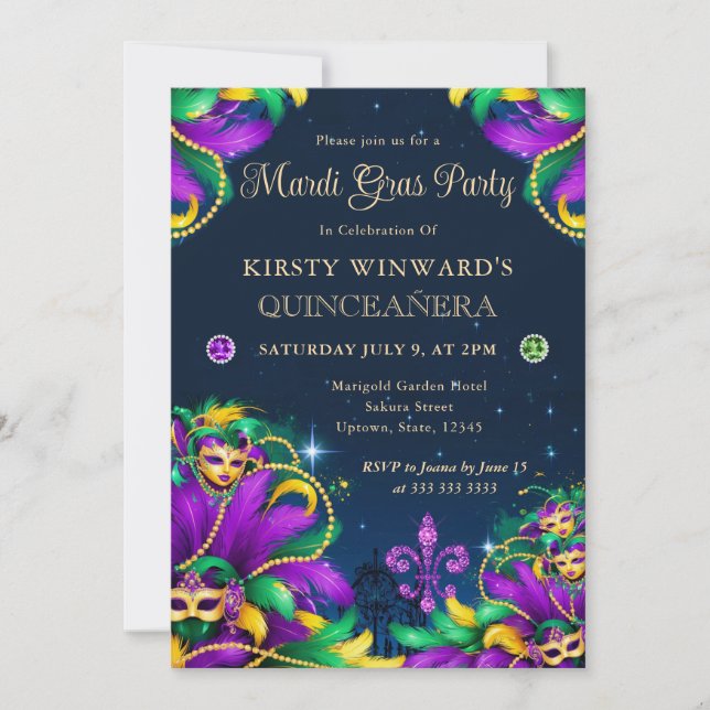 Invitación Quinceañera de Mardi Gras con Máscara (Anverso)