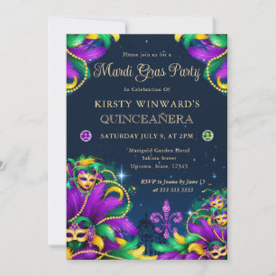Invitación Quinceañera de Mardi Gras con Máscara