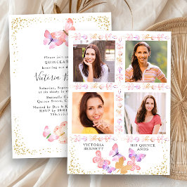Invitación Quinceanera de mariposa acuarela con 4 fotos