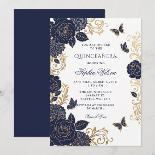 Invitación Quinceañera de Mariposa Floral Dorada de la Marina