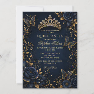 Invitación Quinceañera de Mariposa Floral Dorada de la Marina