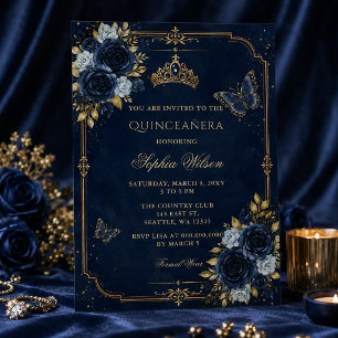 Invitación Quinceañera de Mariposa Floral Dorada de la Marina