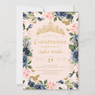 Invitación Quinceañera de mariposa floral rosa dorado y azul
