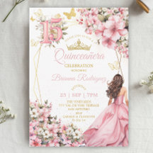 Quinceañera de mariposas doradas florales rosa rub