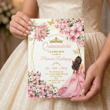 Quinceañera de mariposas doradas florales rosa rub
