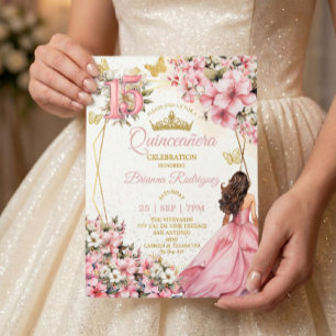 Invitación Quinceañera de mariposas doradas florales rosa rub