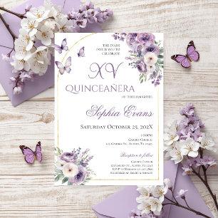 Invitación Quinceañera de Mariposas Florales Lila Púrpura