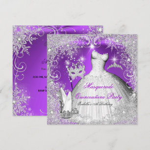 Invitación Quinceañera de Máscara Morado Plata Copos de Nieve