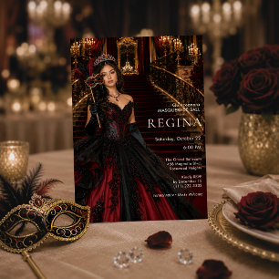 Invitación Quinceañera de Máscara Negra y Roja