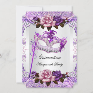 Invitación Quinceañera de Máscara Plateado Rosa Púrpura Rosa