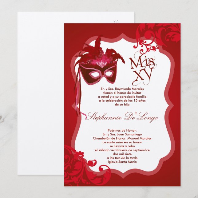 Invitación Quinceanera de mascarada roja las 24 ho (Anverso / Reverso)