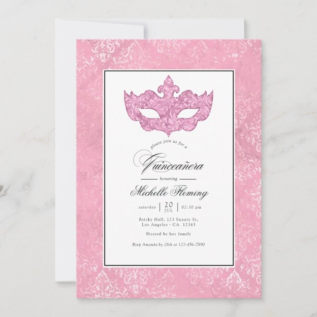 Invitación Quinceañera de mascarada rosa (Anverso)