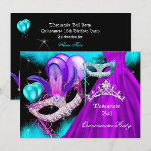 Invitación Quinceañera de Masquerade Fiesta 15 Azul Teal Púrp