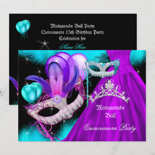 Invitación Quinceañera de Masquerade Fiesta 15 Azul Teal Púrp