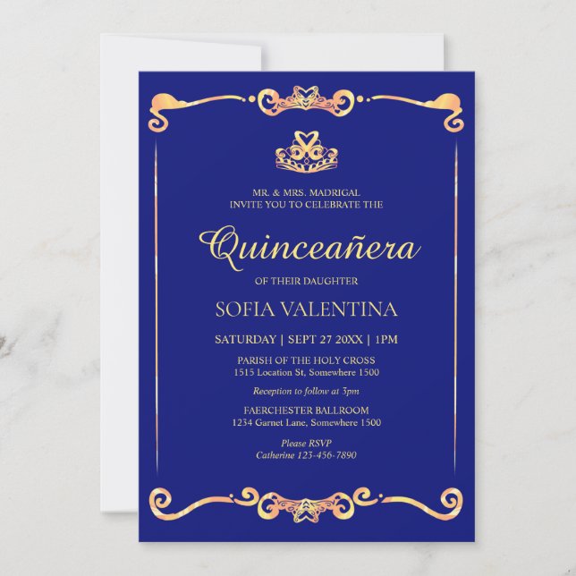 Invitación Quinceanera de oro azul clásico (Anverso)