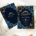 Invitación Quinceanera de oro azul de la marina<br><div class="desc">Invitación a la celebración de Quinceanera azul marino y oro. Características,  letra de guión,  mariposas doradas,  rosas de acuarela y tiara. Perfecto para una elegante celebración de glam al estilo de la princesa. Personaliza con tus propios detalles. Invitaciones Zazzle impresas o una plantilla imprimible digital de descarga instantánea.</div>